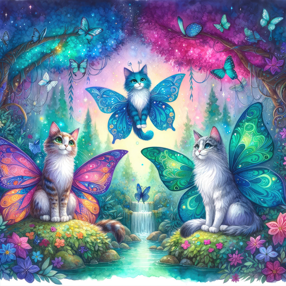 Kitten And Butterfly In The Mysterious Forest - Full Round Drill Diamond Painting 30*30CM