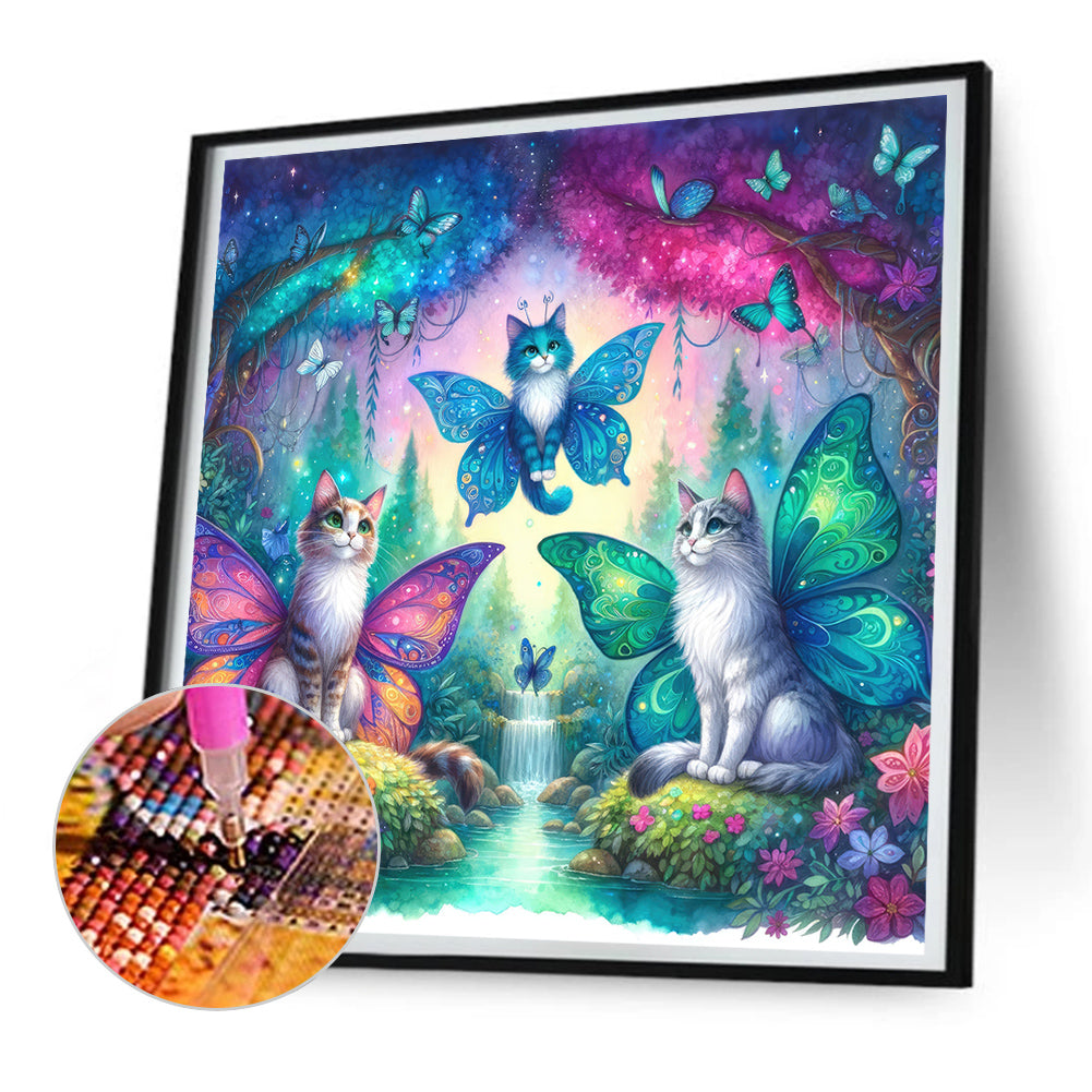 Kitten And Butterfly In The Mysterious Forest - Full Round Drill Diamond Painting 30*30CM