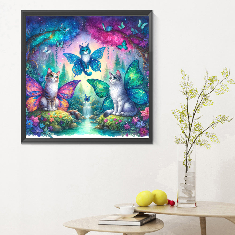 Kitten And Butterfly In The Mysterious Forest - Full Round Drill Diamond Painting 30*30CM