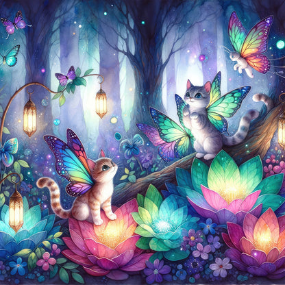 Kitten And Butterfly In The Mysterious Forest - Full Round Drill Diamond Painting 30*30CM