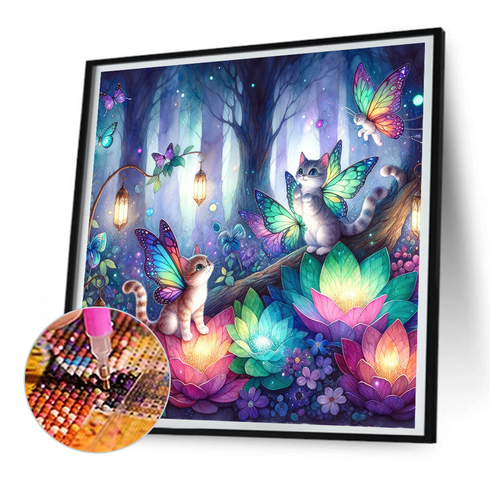 Kitten And Butterfly In The Mysterious Forest - Full Round Drill Diamond Painting 30*30CM