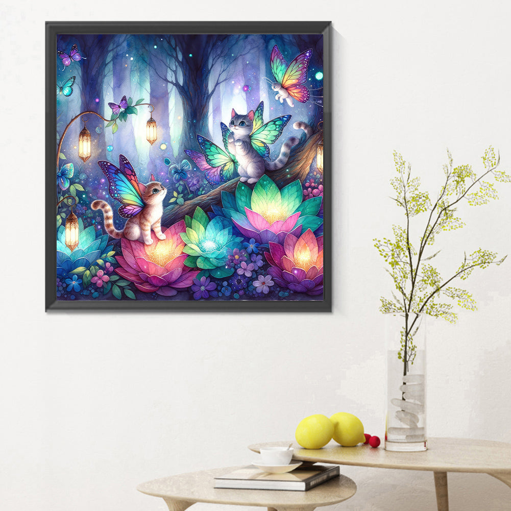 Kitten And Butterfly In The Mysterious Forest - Full Round Drill Diamond Painting 30*30CM