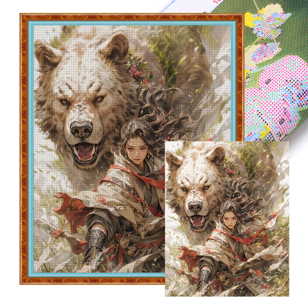 Bear And Warrior - 14CT Stamped Cross Stitch 50*60CM(Joy Sunday)