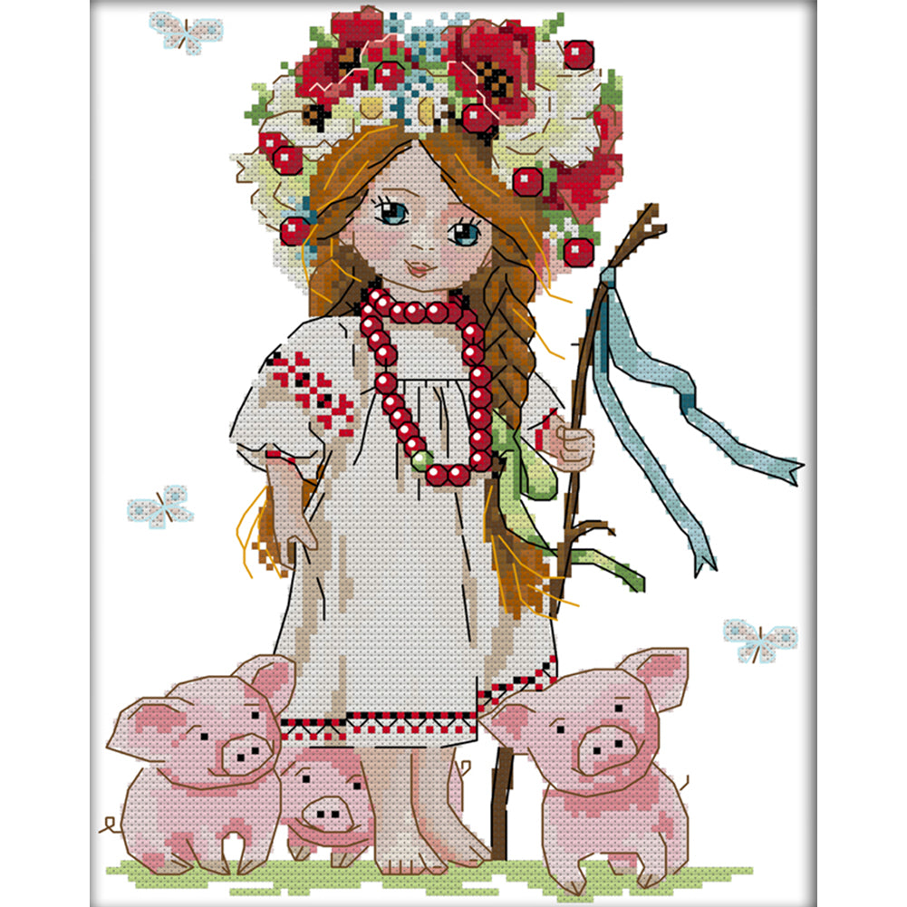 Girl And Pig - 14CT Stamped Cross Stitch 26*31CM(Joy Sunday)