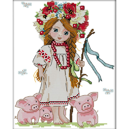 Girl And Pig - 14CT Stamped Cross Stitch 26*31CM(Joy Sunday)