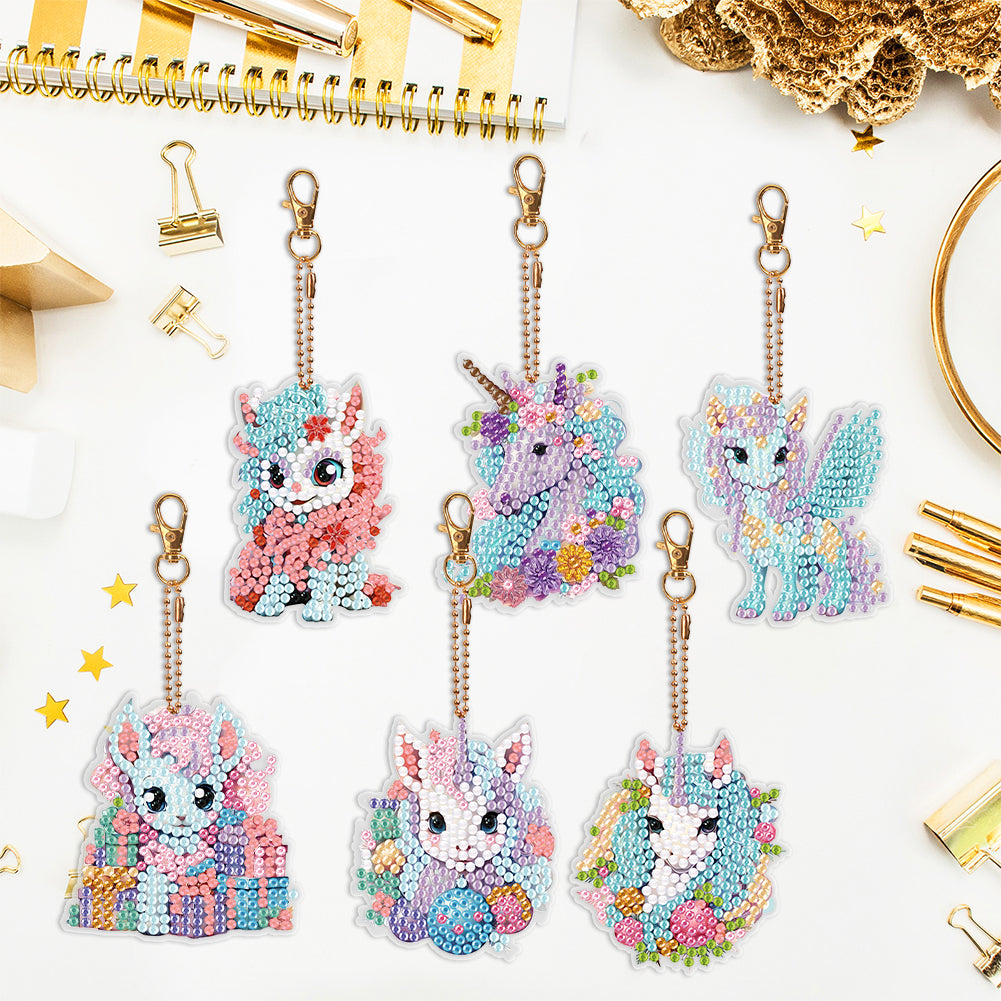 6 PCS Diamond Art Keyring Colorful Pony Double Sided Diamond Painting Keychain