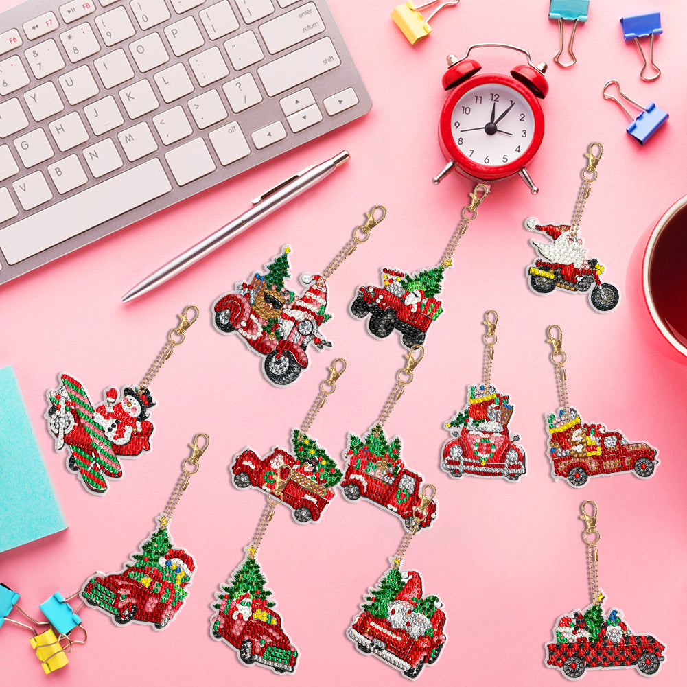 12PCS Double Sided Diamond Painting Art Keychain Pendant for Beginner(Red Truck)