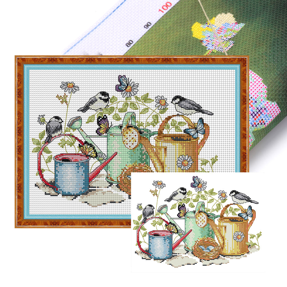 Bird And Kettle - 14CT Stamped Cross Stitch 34*26CM(Joy Sunday)