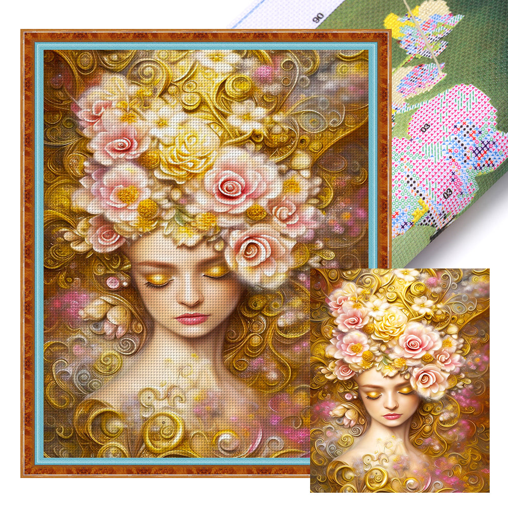 Flowers And Girl - 11CT Stamped Cross Stitch 40*50CM