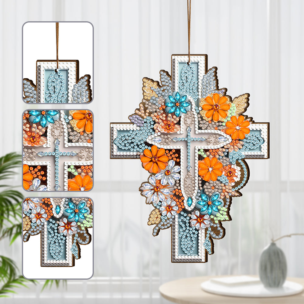 Wooden Cross 5D DIY Diamond Painting Hanging Pendant for Garden Window Decor(01)