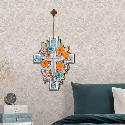 Wooden Cross 5D DIY Diamond Painting Hanging Pendant for Garden Window Decor(01)