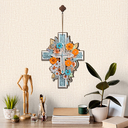 Wooden Cross 5D DIY Diamond Painting Hanging Pendant for Garden Window Decor(01)