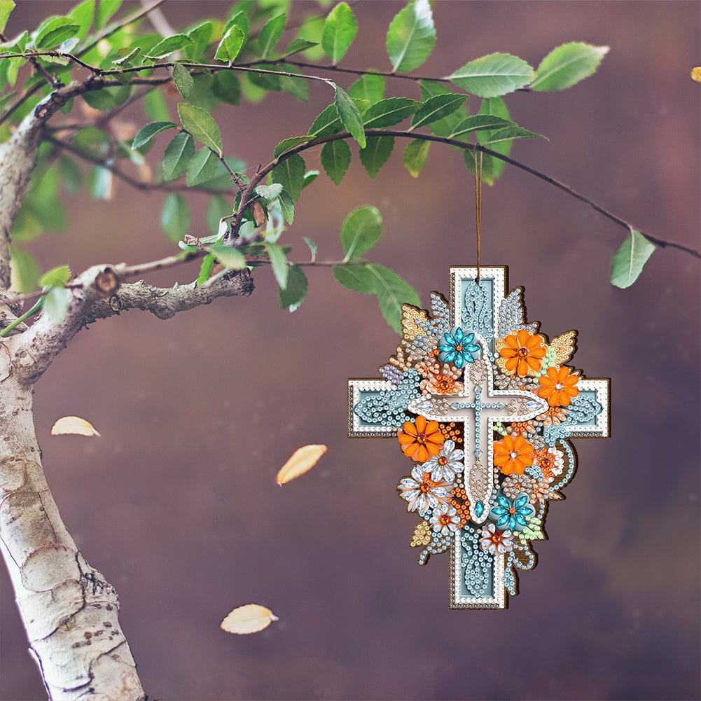 Wooden Cross 5D DIY Diamond Painting Hanging Pendant for Garden Window Decor(01)