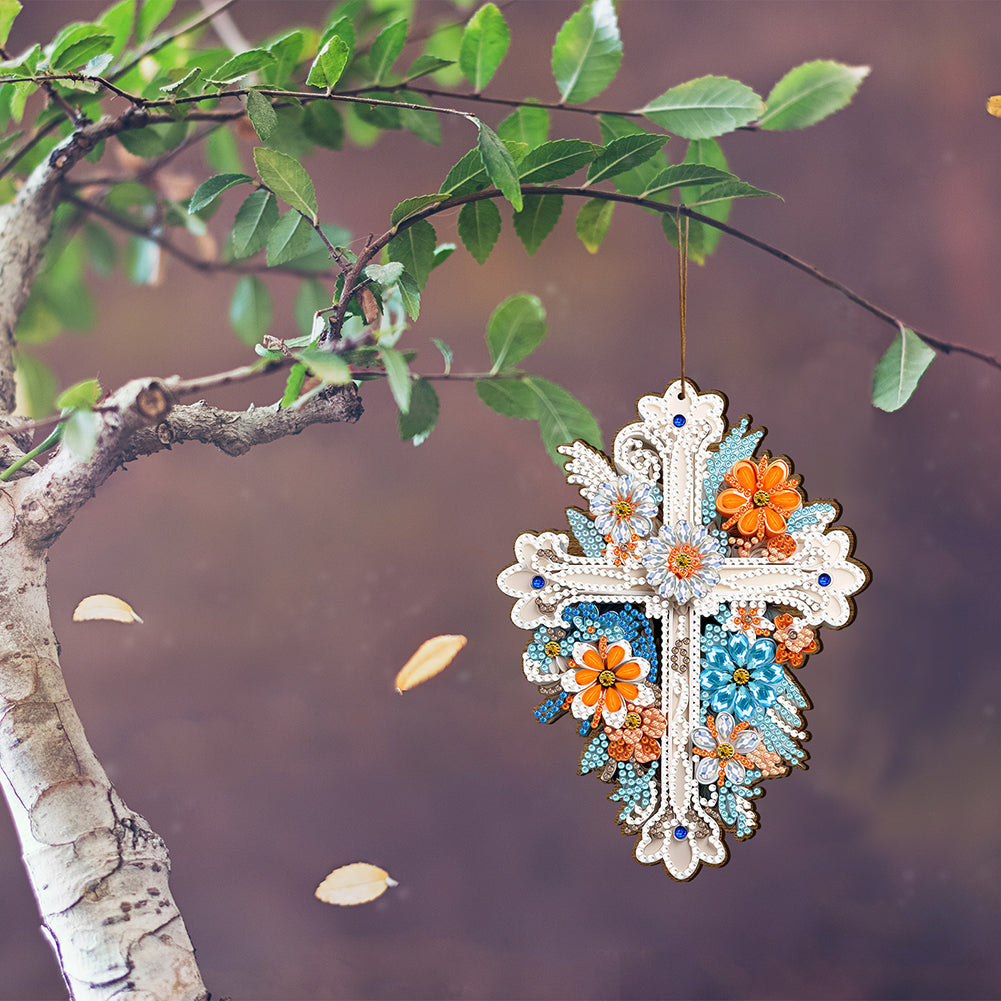 Wooden Cross 5D DIY Diamond Painting Hanging Pendant for Garden Window Decor(02)