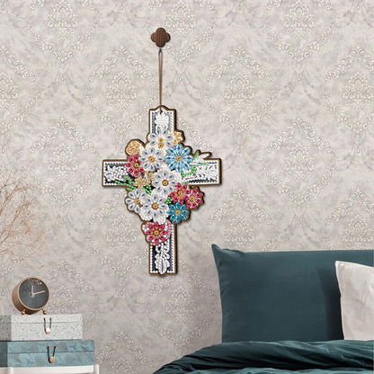 Wooden Cross 5D DIY Diamond Painting Hanging Pendant for Garden Window Decor(03)