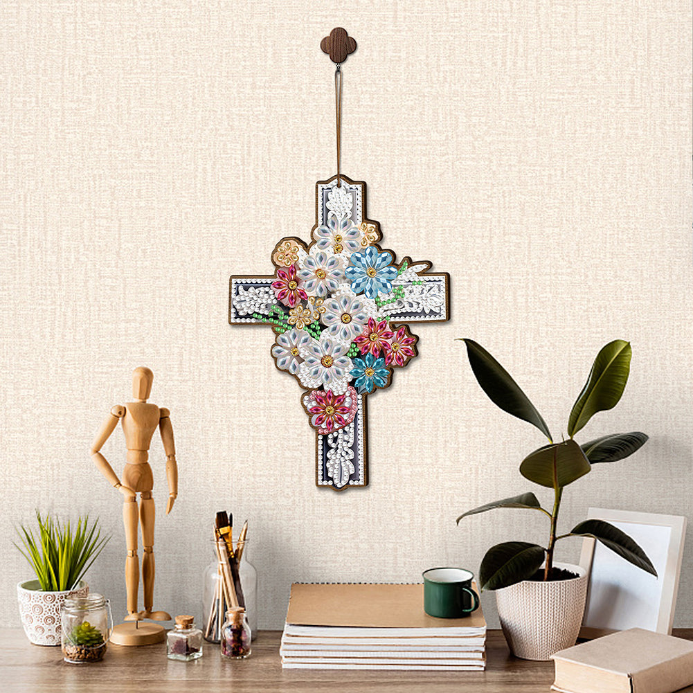 Wooden Cross 5D DIY Diamond Painting Hanging Pendant for Garden Window Decor(03)