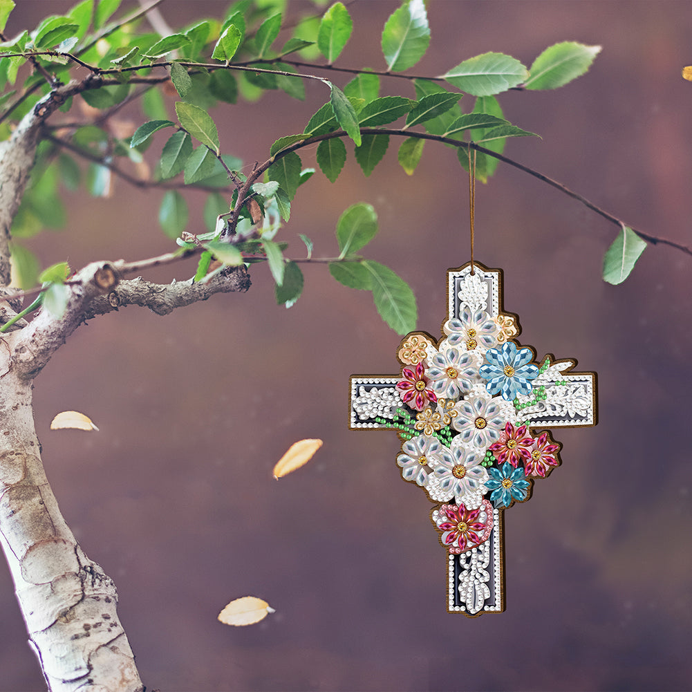 Wooden Cross 5D DIY Diamond Painting Hanging Pendant for Garden Window Decor(03)