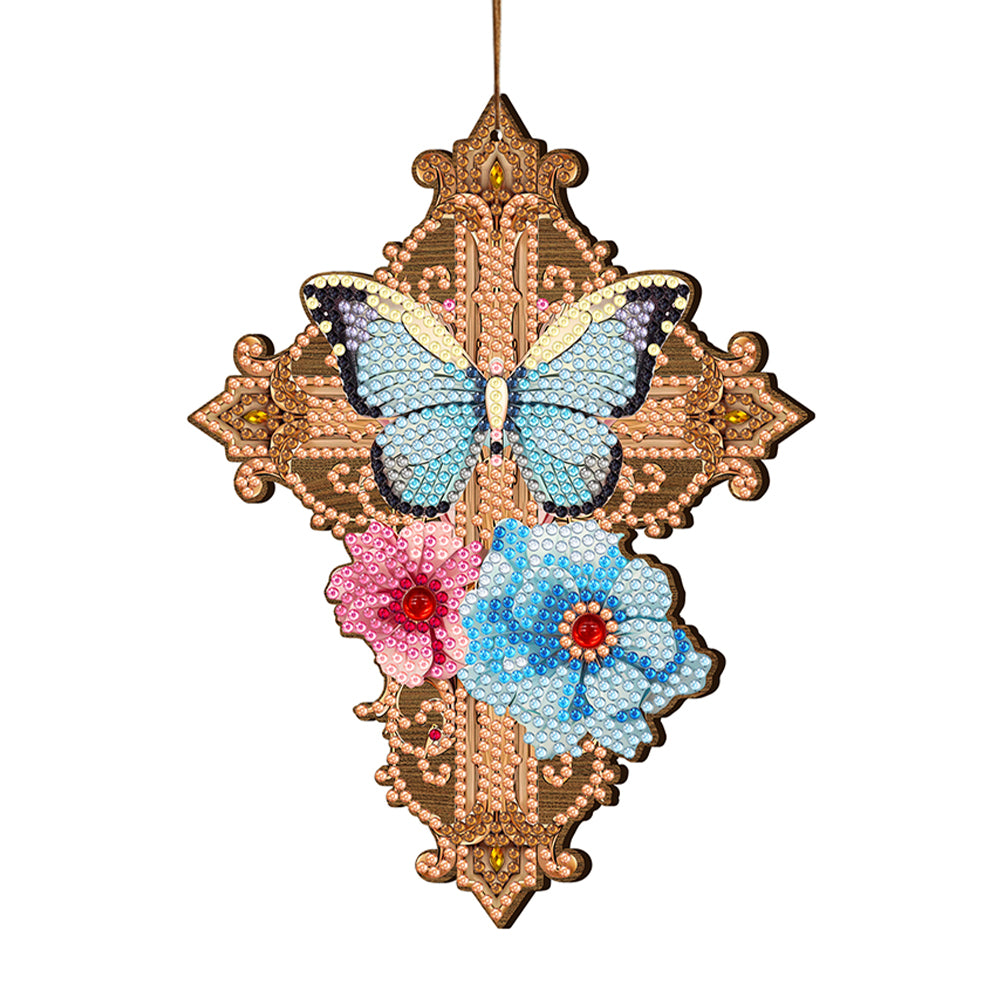 Wooden Cross 5D DIY Diamond Painting Hanging Pendant for Garden Window Decor(04)