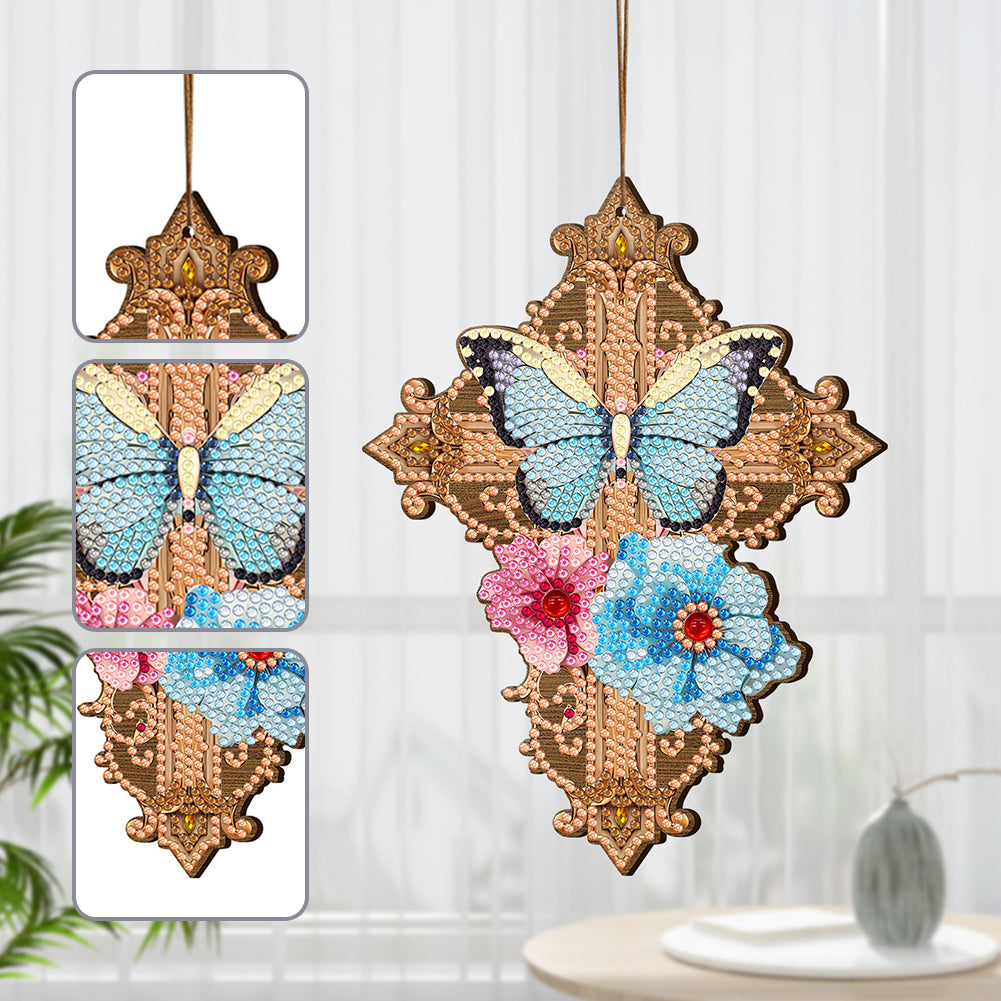 Wooden Cross 5D DIY Diamond Painting Hanging Pendant for Garden Window Decor(04)