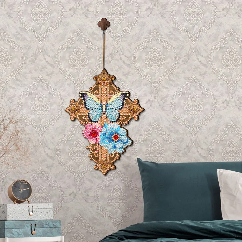 Wooden Cross 5D DIY Diamond Painting Hanging Pendant for Garden Window Decor(04)