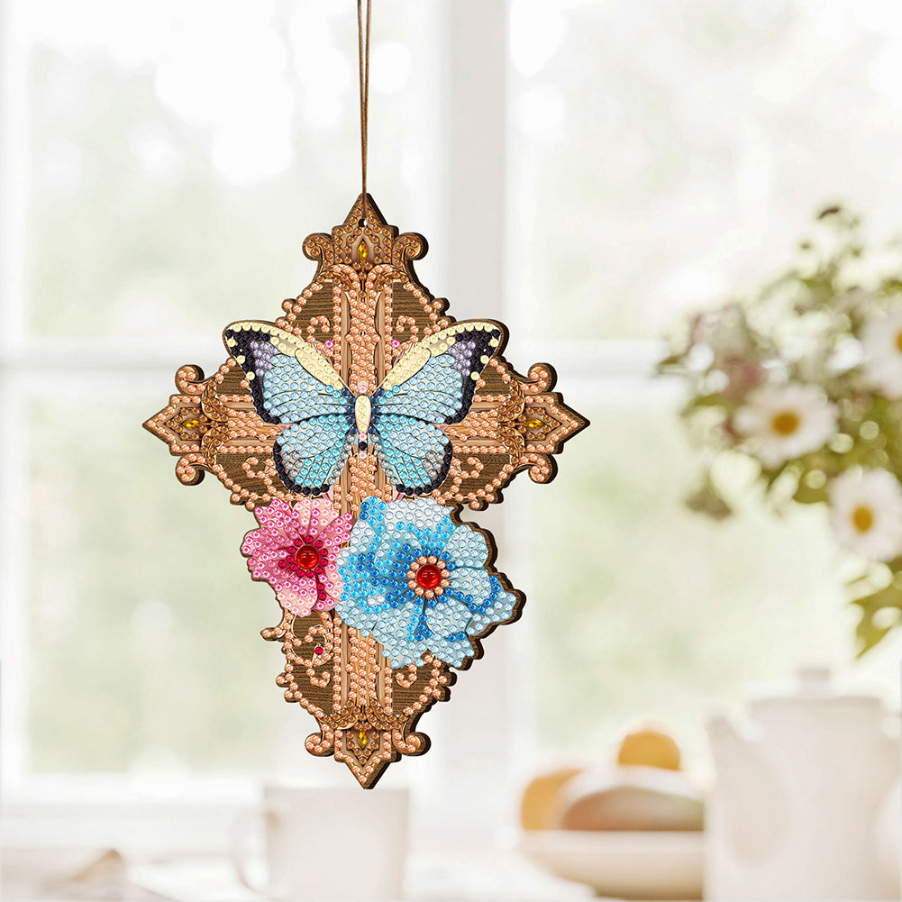 Wooden Cross 5D DIY Diamond Painting Hanging Pendant for Garden Window Decor(04)