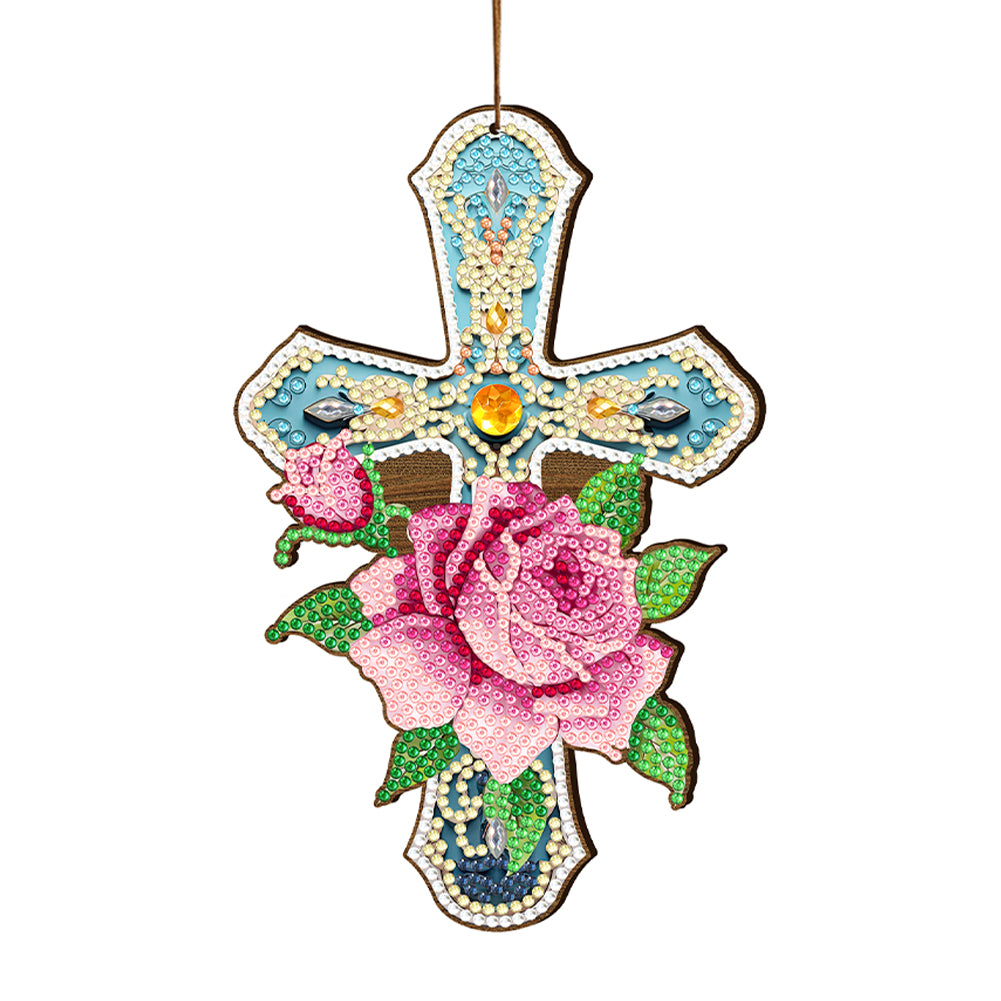 Wooden Cross 5D DIY Diamond Painting Hanging Pendant for Garden Window Decor(05)