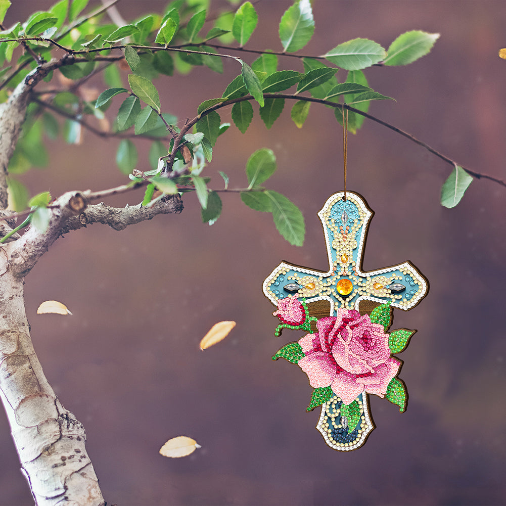 Wooden Cross 5D DIY Diamond Painting Hanging Pendant for Garden Window Decor(05)