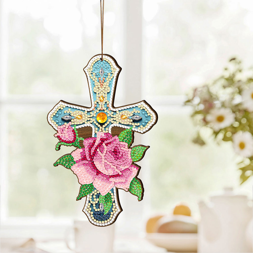 Wooden Cross 5D DIY Diamond Painting Hanging Pendant for Garden Window Decor(05)