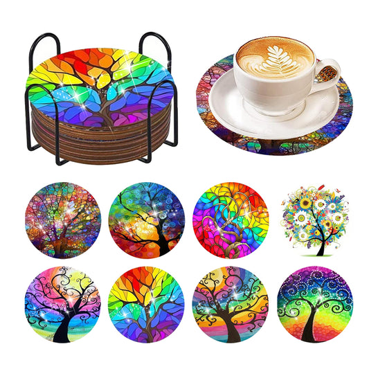 8 PCS Acrylic Diamond Painting Art Coaster Kit with Holder (Rainbow Tree)