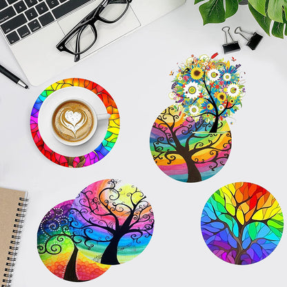 8 PCS Acrylic Diamond Painting Art Coaster Kit with Holder (Rainbow Tree)