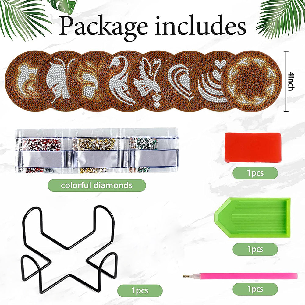 8 PCS Acrylic Diamond Painting Art Coaster Kit with Holder for Beginner (Coffee)