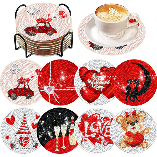 8 PCS Acrylic Diamond Painting Art Coaster Kit with Holder (Love Bear)