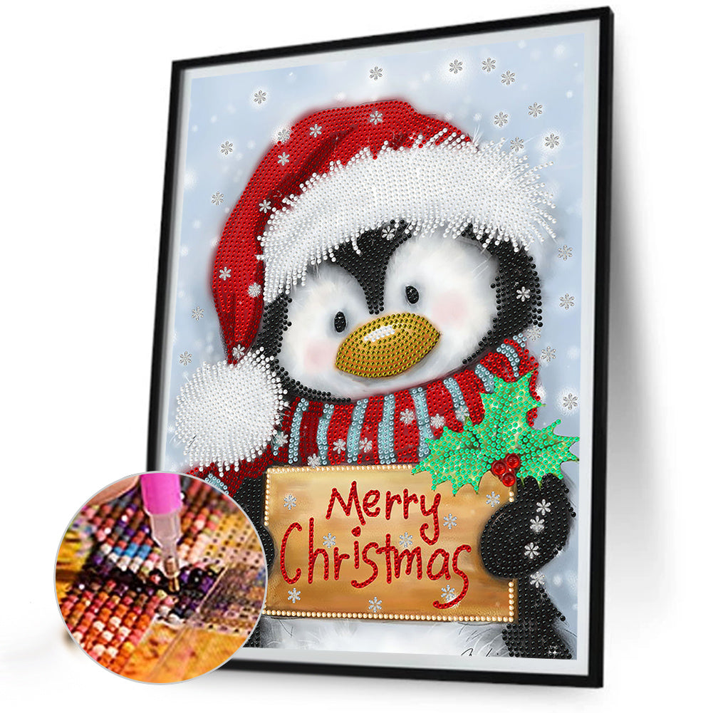 Penguin Holding Christmas Sign - Special Shaped Drill Diamond Painting 30*40CM