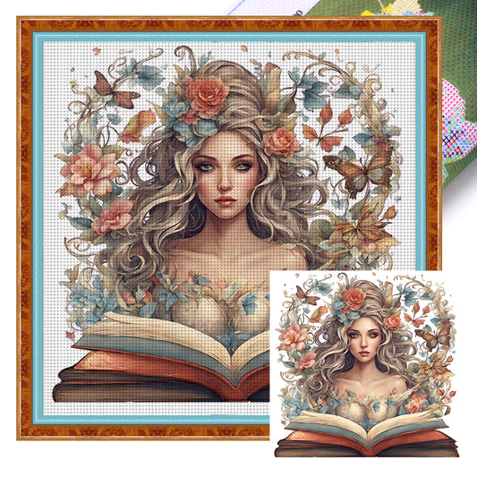 Girl With Flowers Reading A Book - 11CT Stamped Cross Stitch 60*60CM(Joy Sunday)