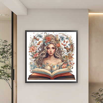 Girl With Flowers Reading A Book - 11CT Stamped Cross Stitch 60*60CM(Joy Sunday)