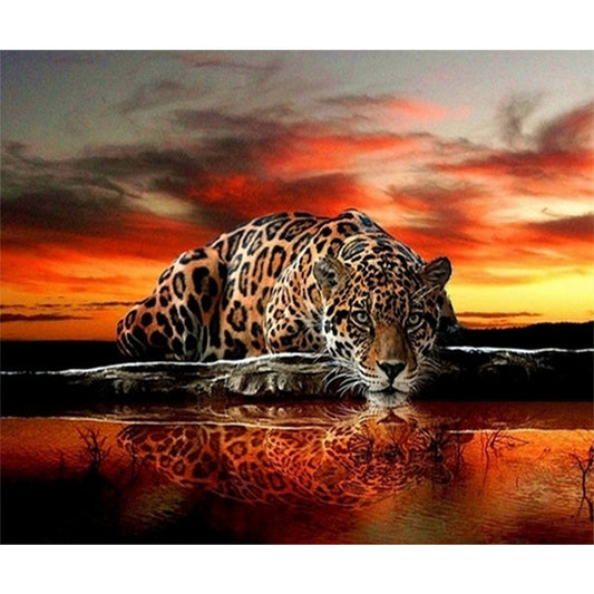 Drinking Leopard - Full Round Drill Diamond Painting 60*50CM