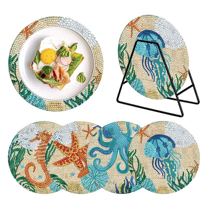 4 PCS Wooden Diamond Painted Placemat Round Placemat with Holder(Marine Life #1)