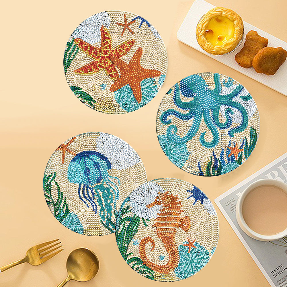 4 PCS Wooden Diamond Painted Placemat Round Placemat with Holder(Marine Life #1)