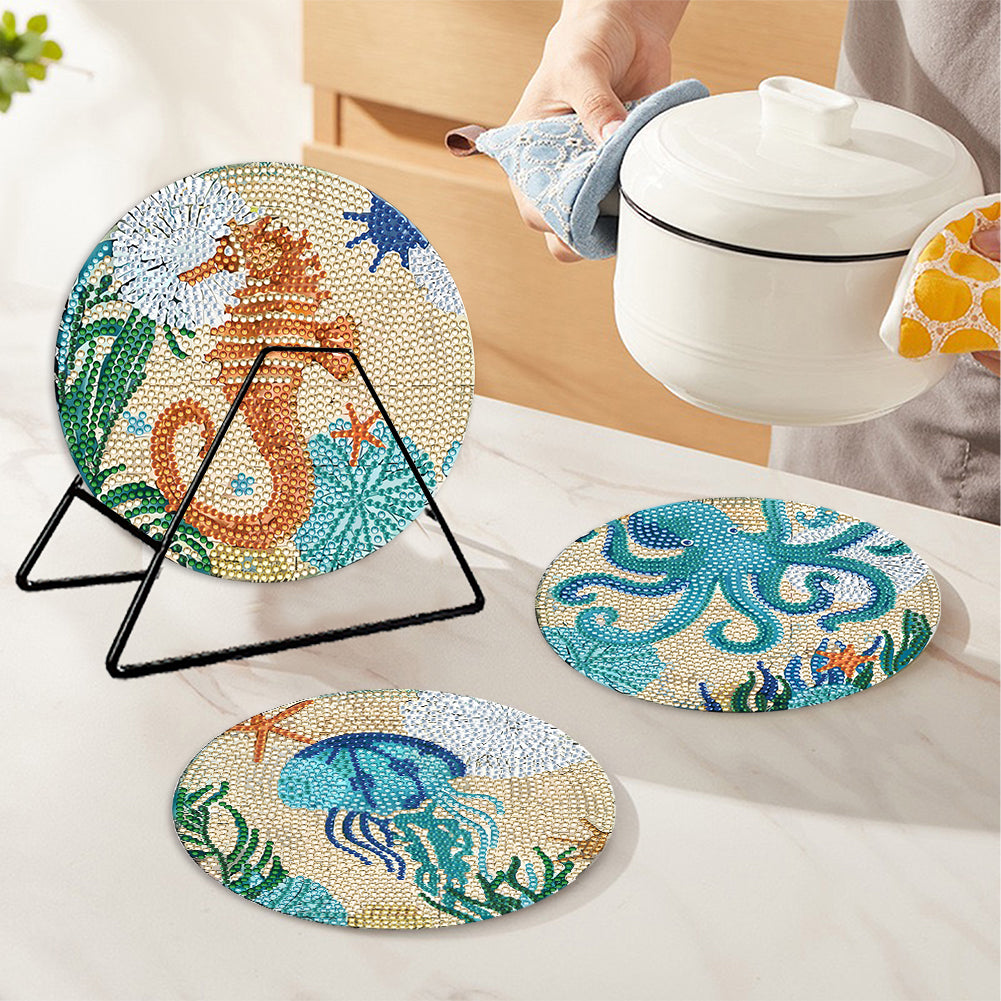 4 PCS Wooden Diamond Painted Placemat Round Placemat with Holder(Marine Life #1)