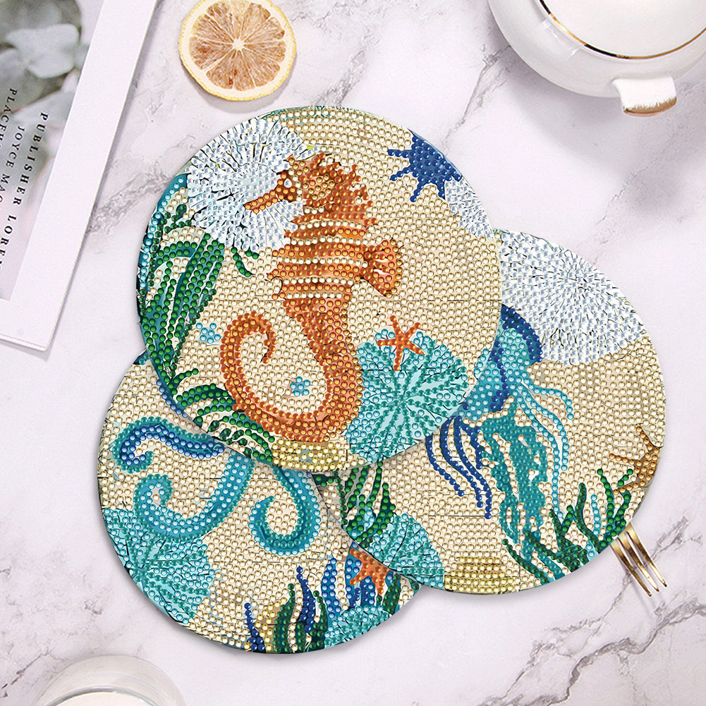 4 PCS Wooden Diamond Painted Placemat Round Placemat with Holder(Marine Life #1)