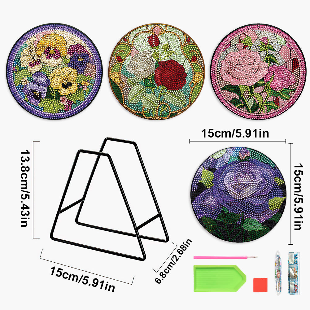 4PCS Wooden Diamond Painted Placemat Round Placemat with Holder(Rose Bouquet #7)