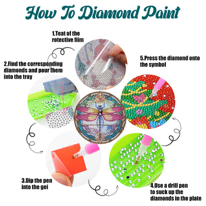 4 PCS Wooden Diamond Painted Placemats Round Placemat with Holder (Dragonfly)