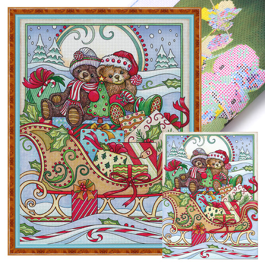 Christmas Sleigh Bear - 11CT Stamped Cross Stitch 40*55CM(Joy Sunday)