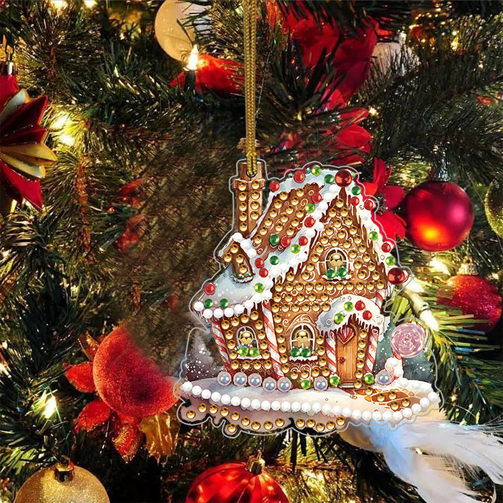 8 PCS Acrylic Single-Sided Diamond Painting Hanging Pendant (Christmas House)