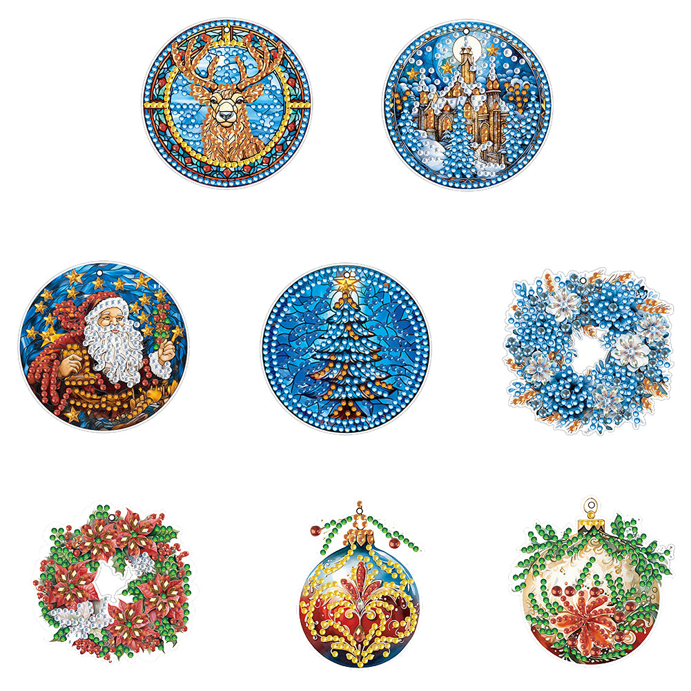8 PCS Acrylic Single-Sided DIY Diamond Painting Hanging Pendant (Wreath Elk)