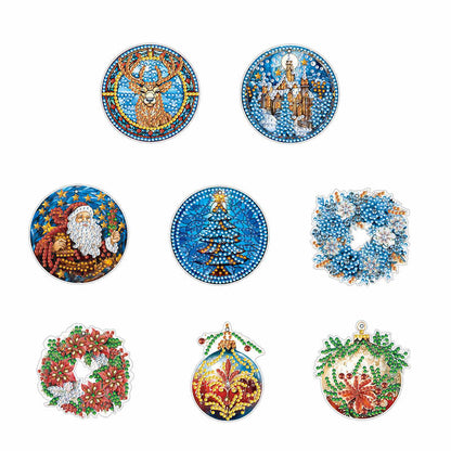 8 PCS Acrylic Single-Sided DIY Diamond Painting Hanging Pendant (Wreath Elk)