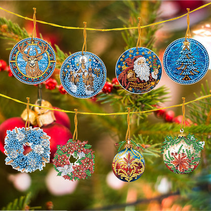 8 PCS Acrylic Single-Sided DIY Diamond Painting Hanging Pendant (Wreath Elk)