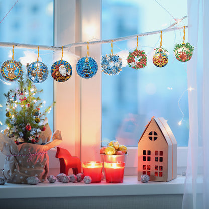 8 PCS Acrylic Single-Sided DIY Diamond Painting Hanging Pendant (Wreath Elk)