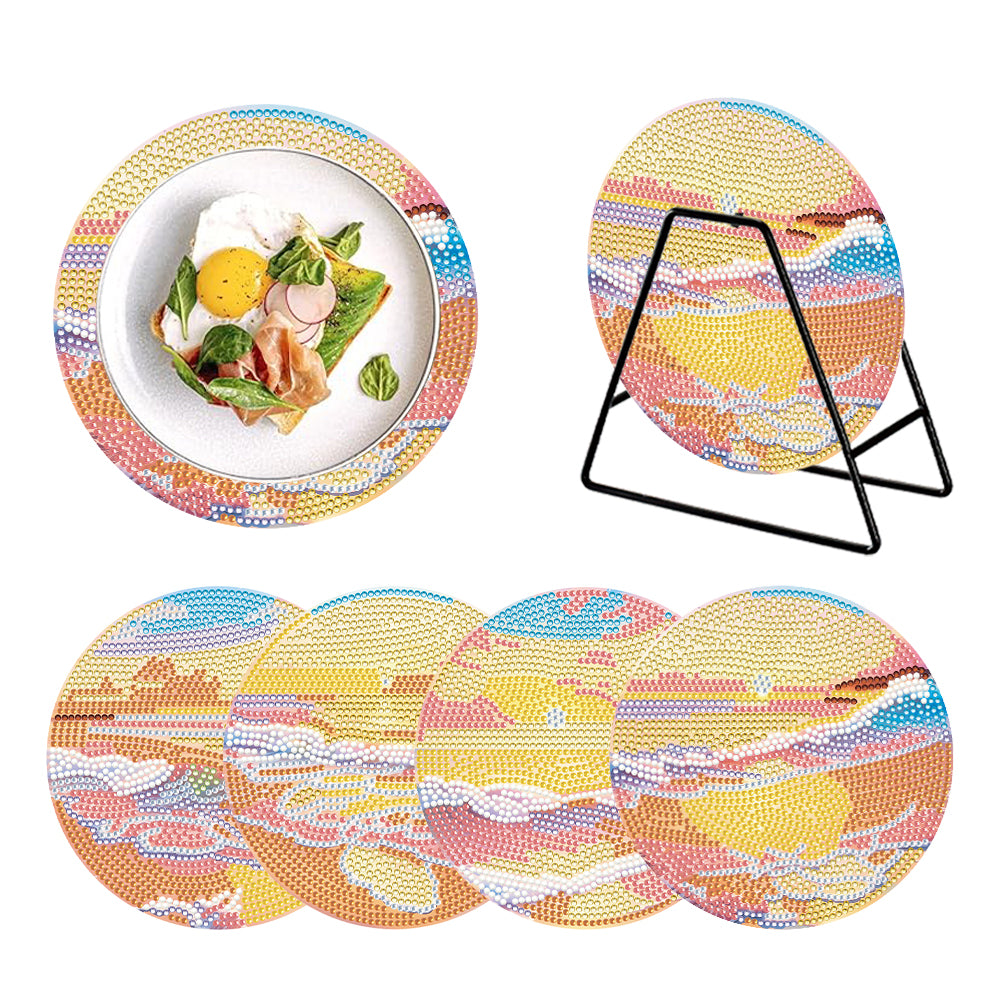 4PCS Acrylic Diamond Painted Placemats Tableware Mat with Holder(Beach Sea Wave)