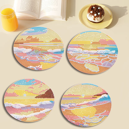 4PCS Acrylic Diamond Painted Placemats Tableware Mat with Holder(Beach Sea Wave)